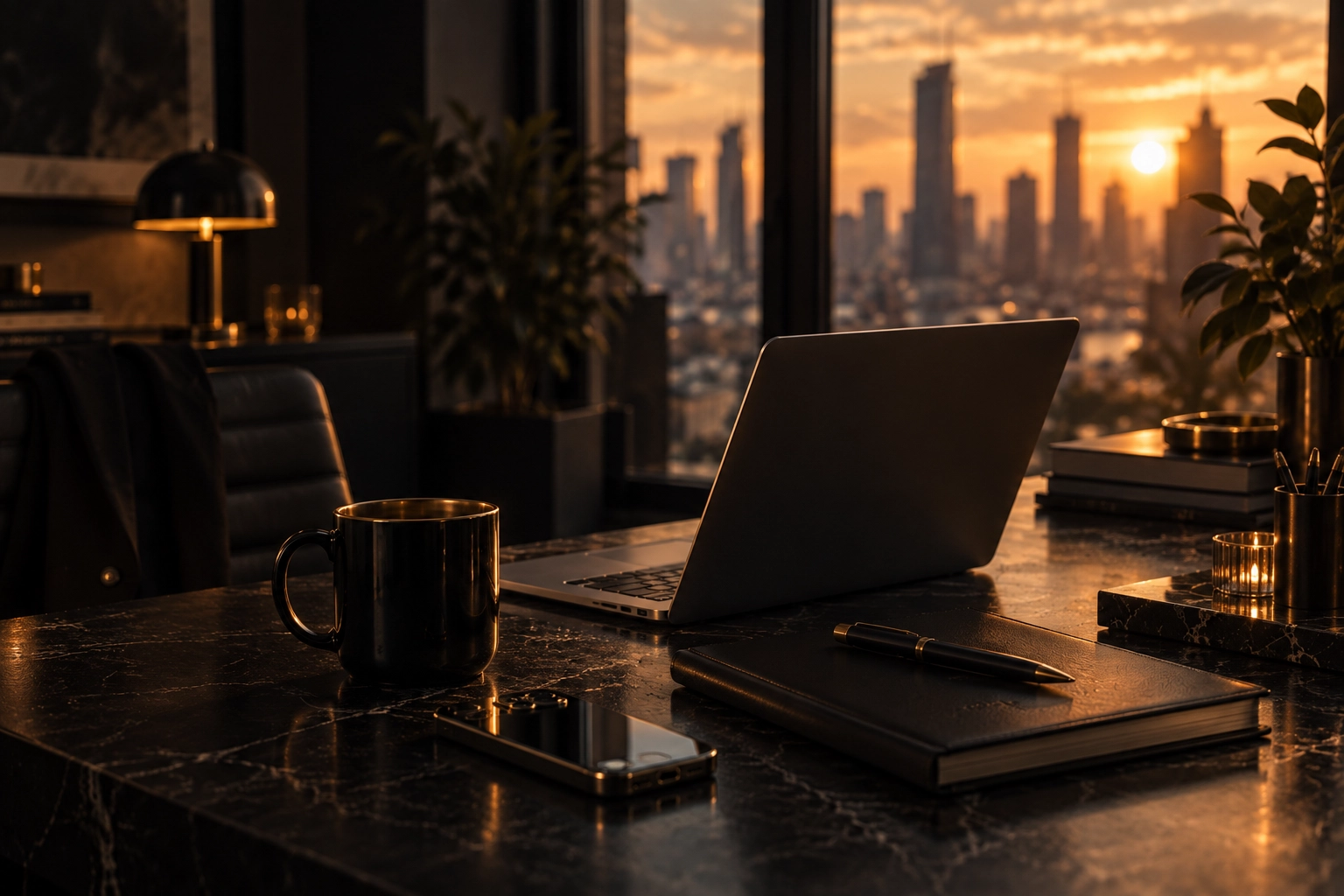 Creator using a laptop in a warm, premium workspace