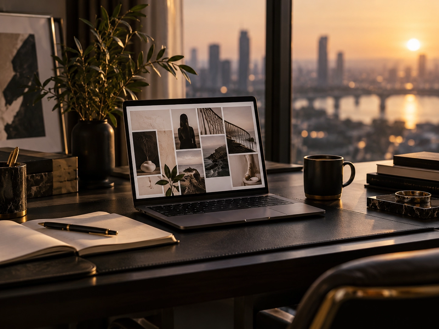 Elegant notebook and planning materials on a dark desk