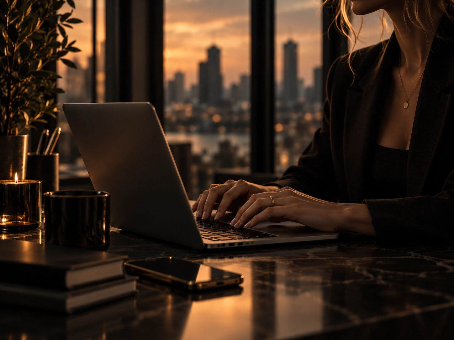 Premium dark workspace with laptop and messaging setup