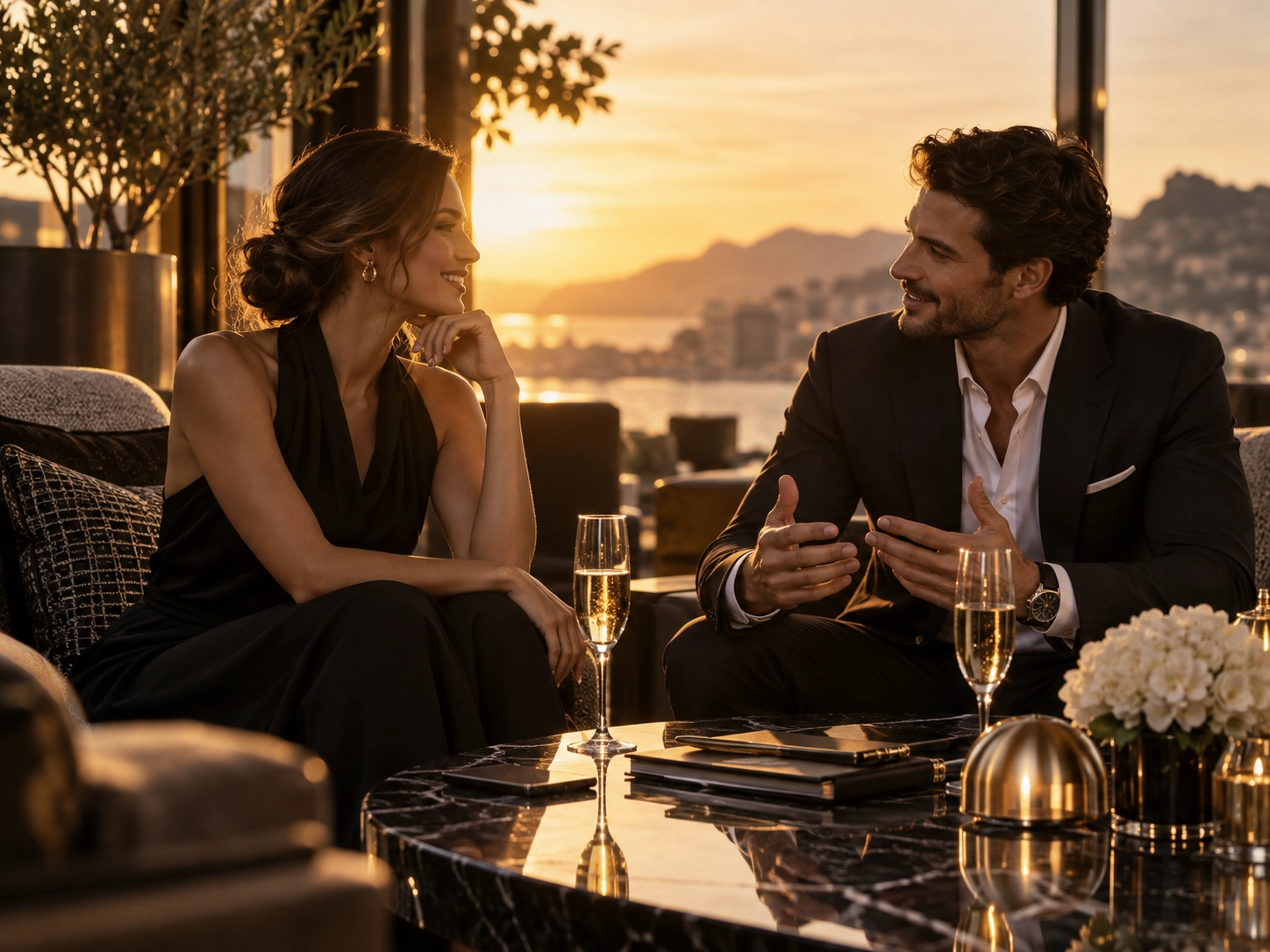 Elegant professionals meeting in a premium lounge setting
