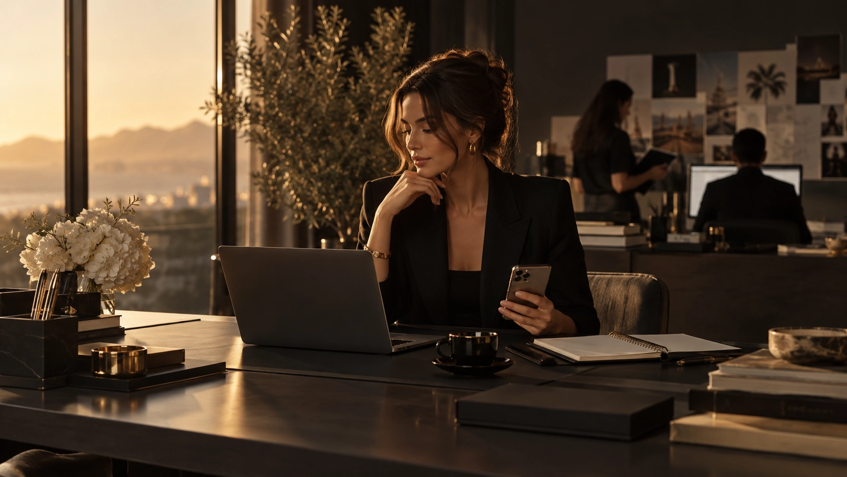 Calm, organised premium workspace with laptop and notebook