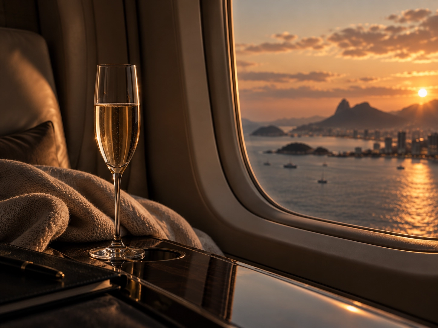 Calm luxury travel window seat scene