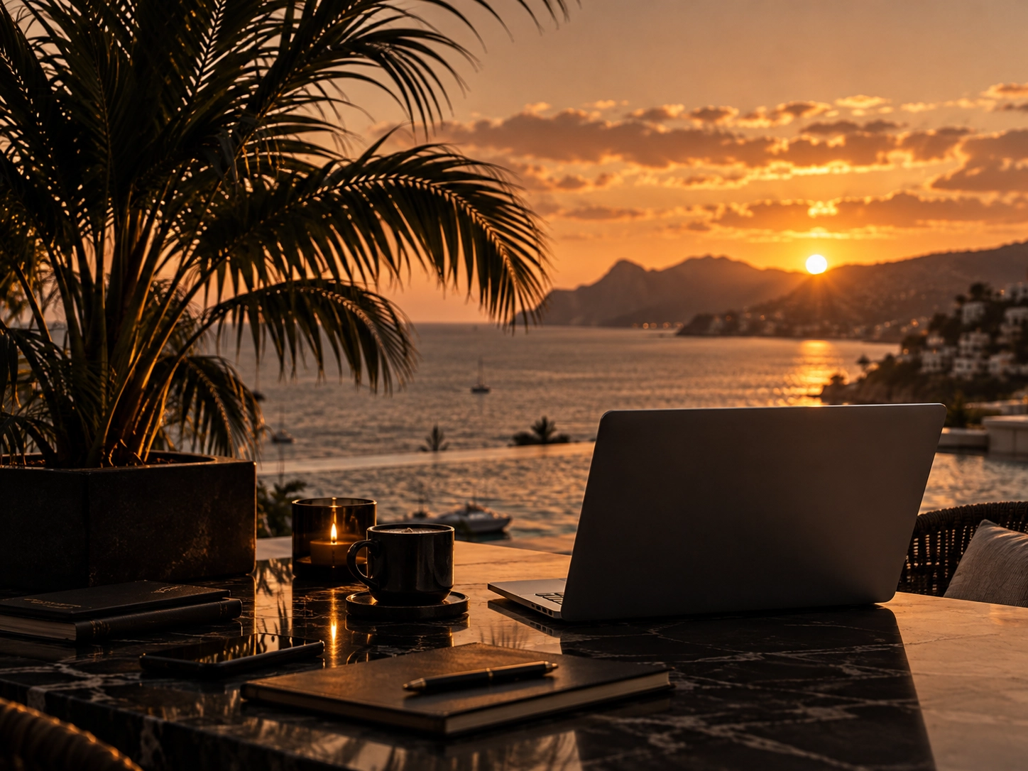 Laptop at sunset, long-term business scene