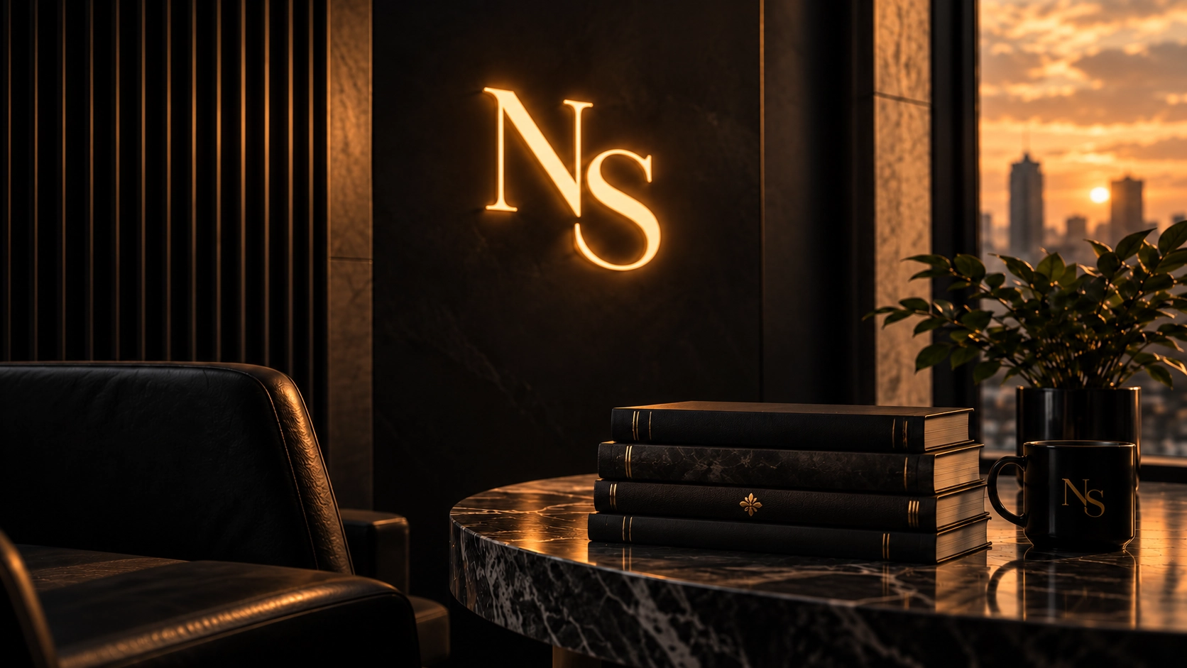 Dark luxurious office interior with plant, books and marble table