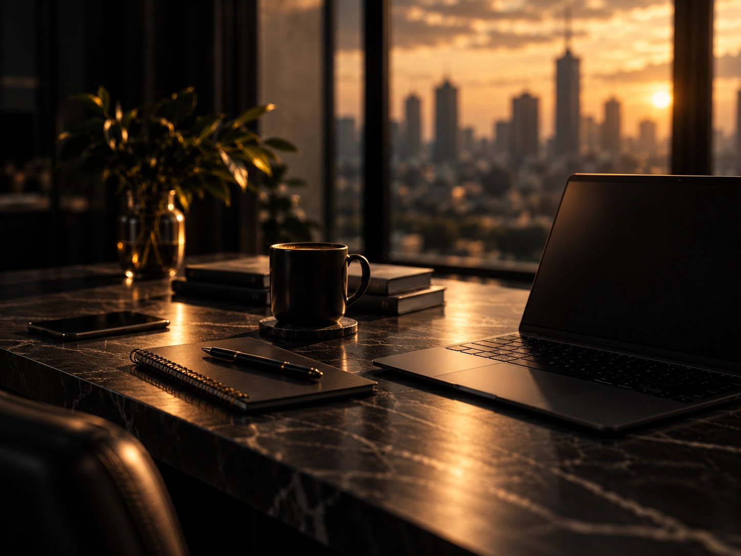Premium desk with laptop, coffee and notebook