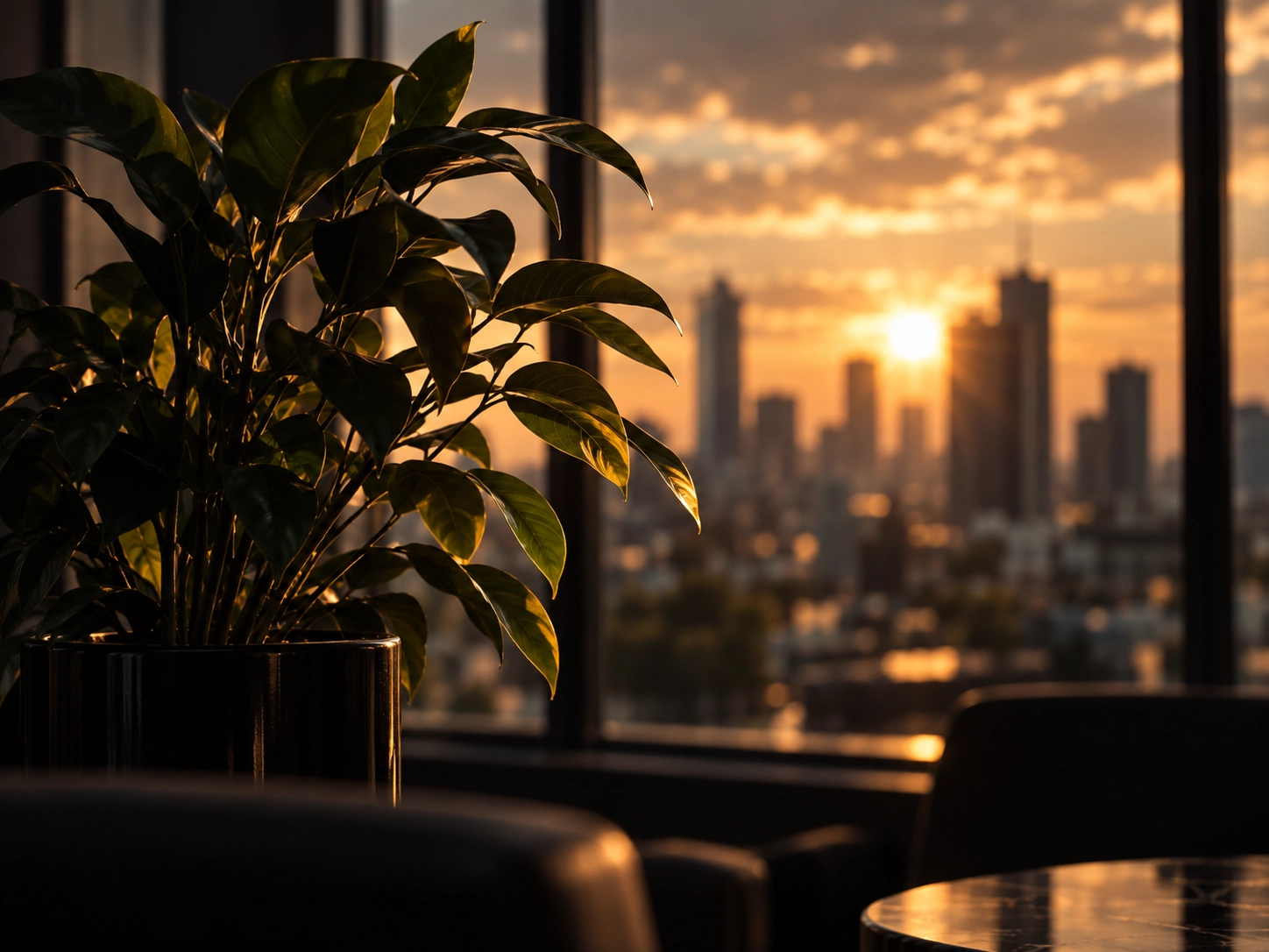 Elegant interior detail with city skyline and warm sunlight