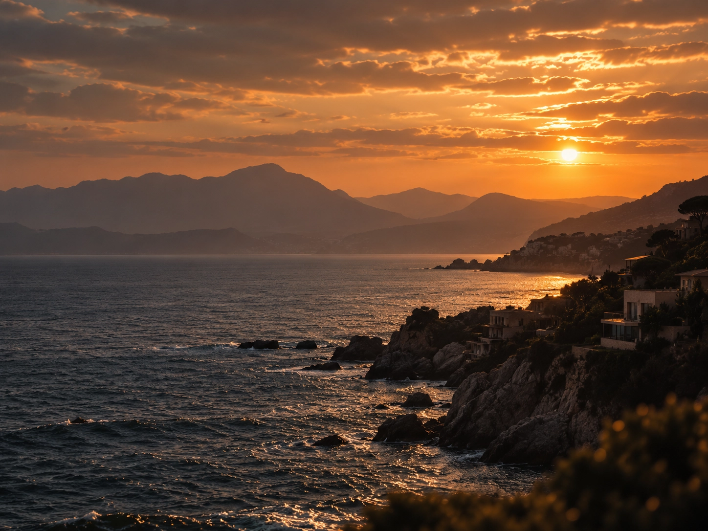 Calm luxury coastal sunset landscape