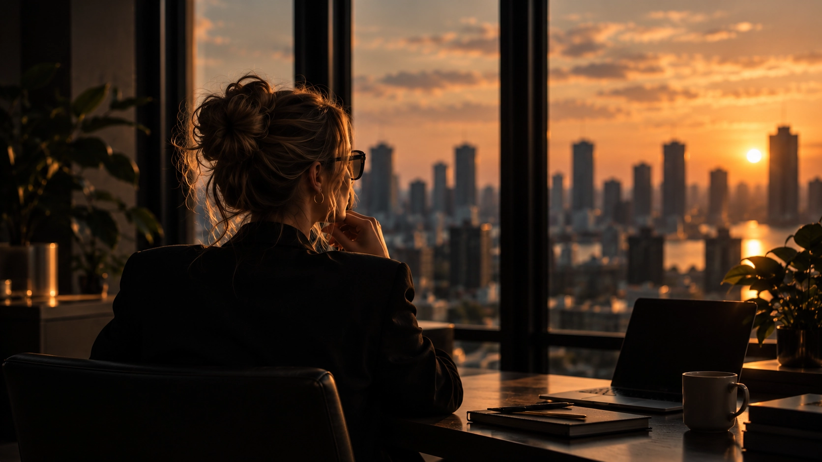Female creator in an elegant city-view setting