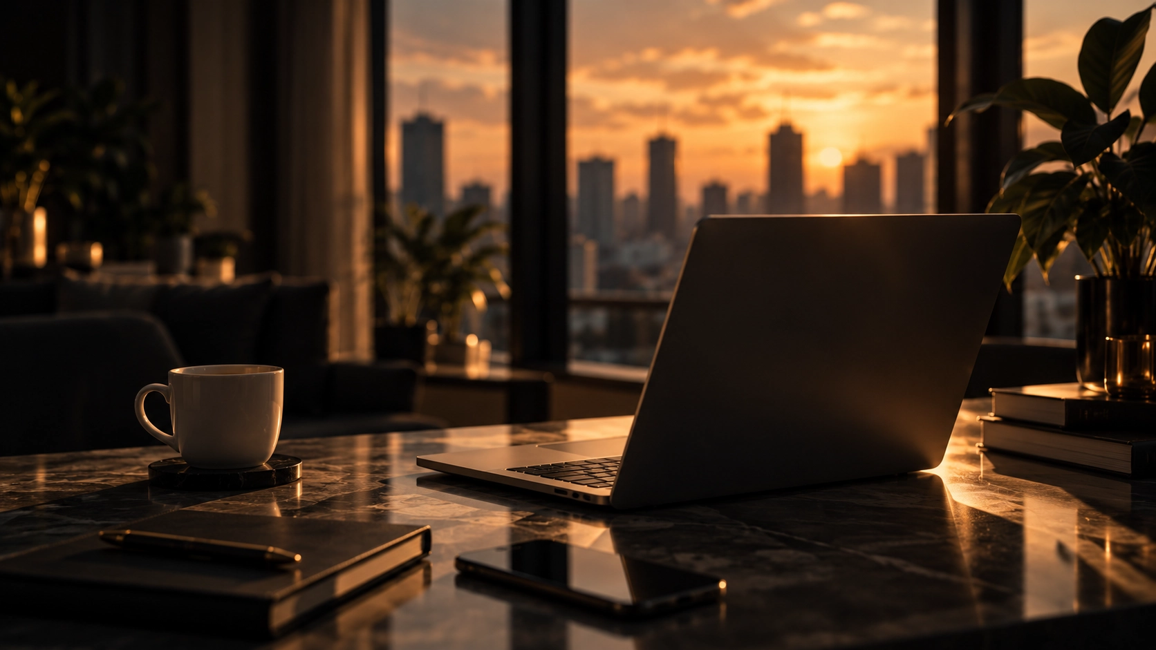 Premium dark desk workspace with laptop