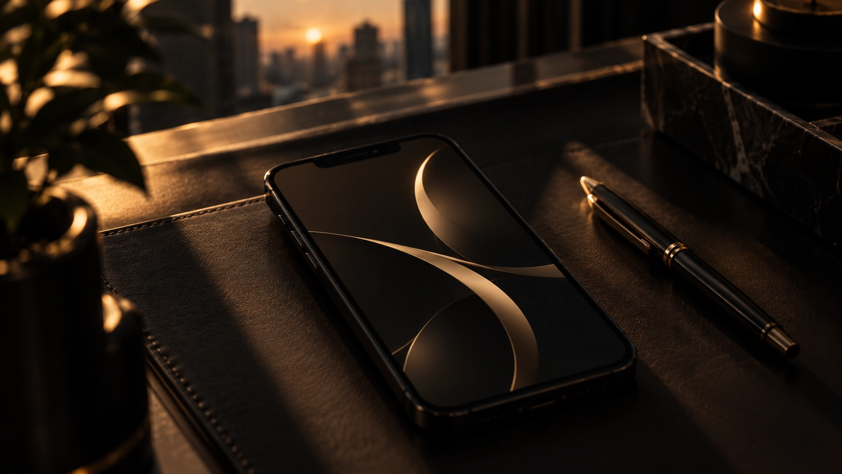 Smartphone and laptop in a black and gold environment