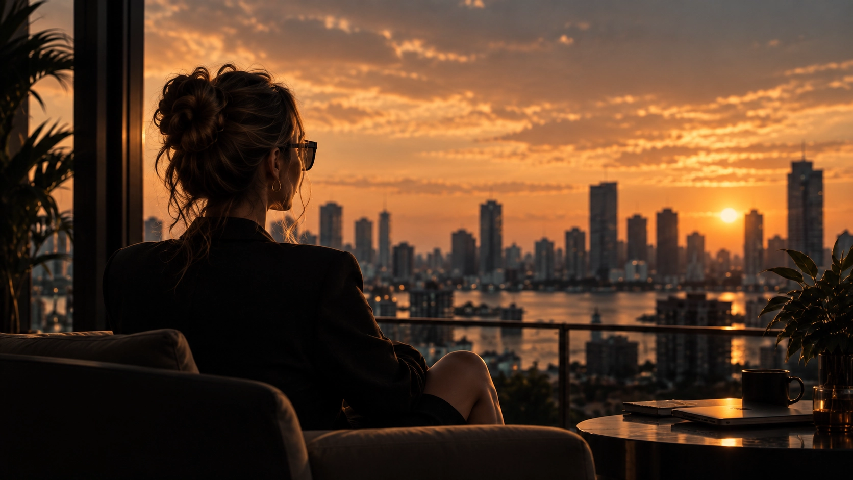 Creator overlooking a city skyline at sunset